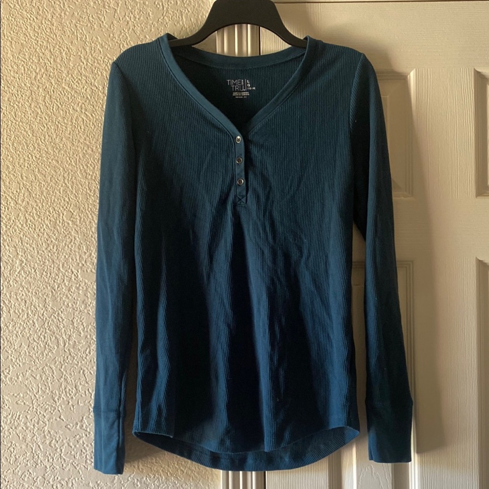 Time and Tru Blue Buttoned Polo Collar Top